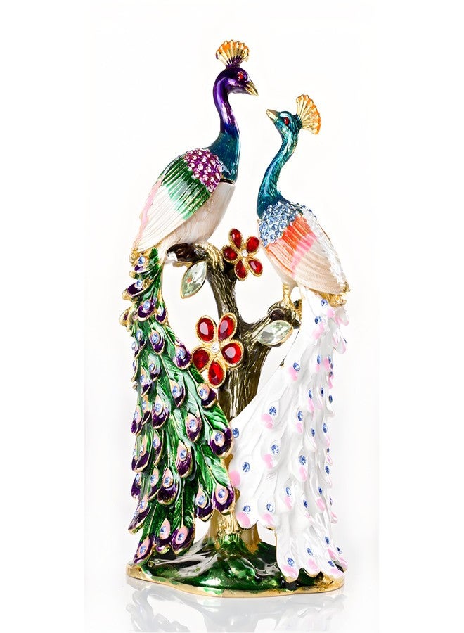 SEVENBEES Hand Painted Pair of Peacocks Figurine Enamel Hinged Jewelry Trinket Box - Image 1